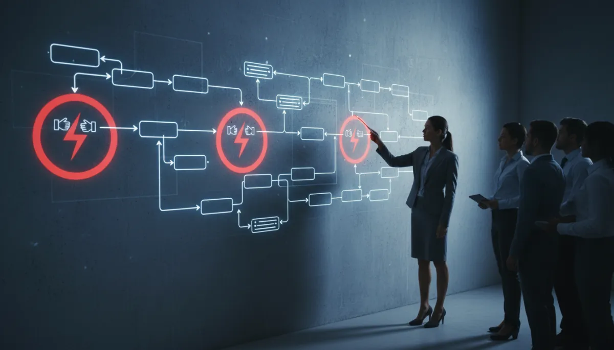 Business leader reviewing a pipeline diagram highlighting failures at manual hand-off points