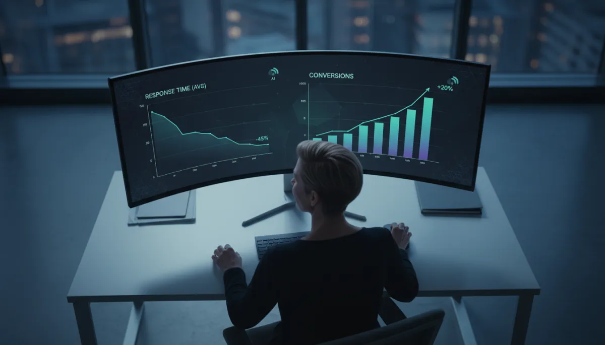 Business owner reviewing analytics showing improved response times and conversions