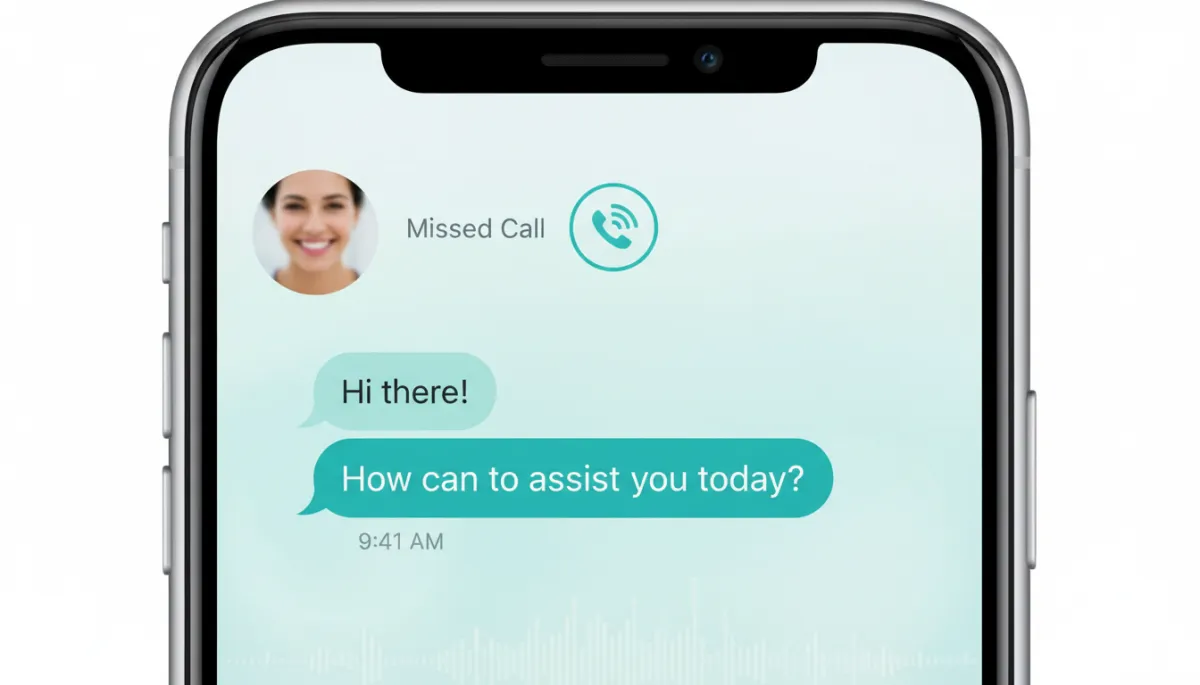 Phone showing missed call next to automated text conversation beginning instantly