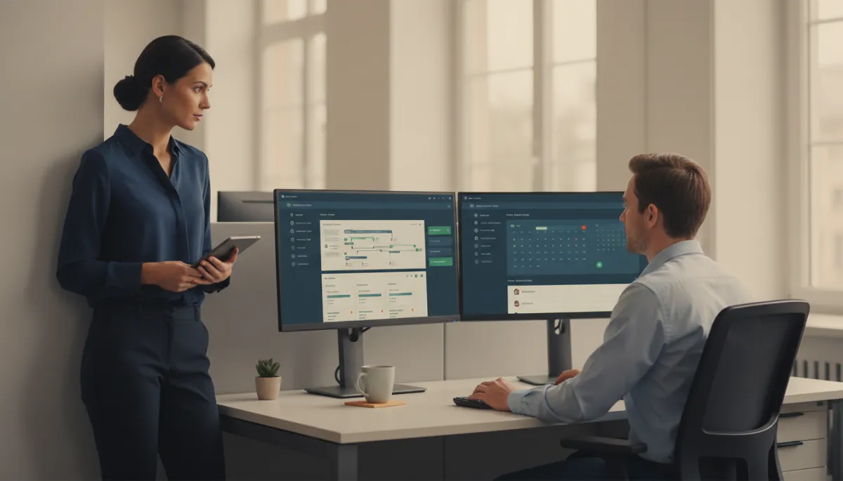Automation specialist observing real-time operational workflows at a workstation Automation specialist observing real-time operational workflows at a workstation