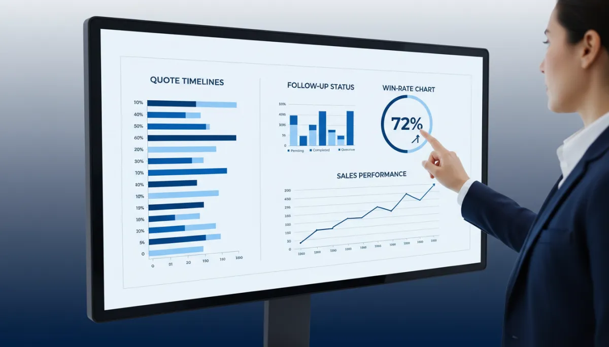 Sales dashboard showing quote timelines, follow-up status, and win rates