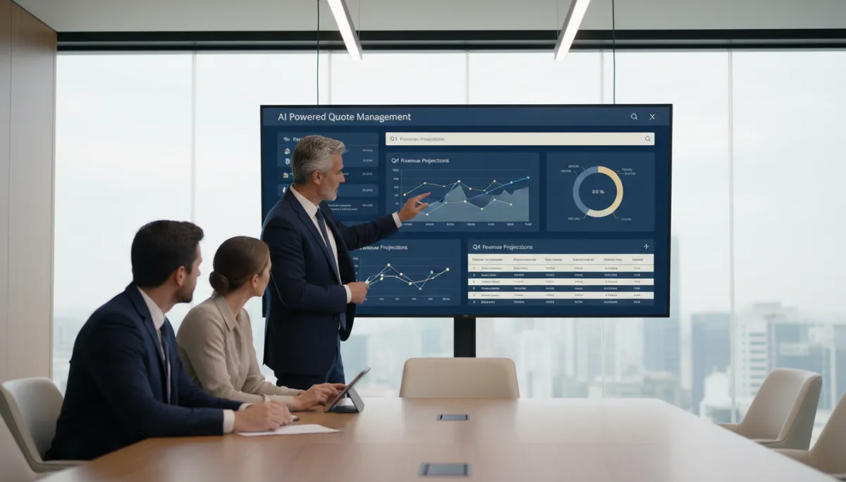 Executive team reviewing AI-powered quote management dashboard in boardroom