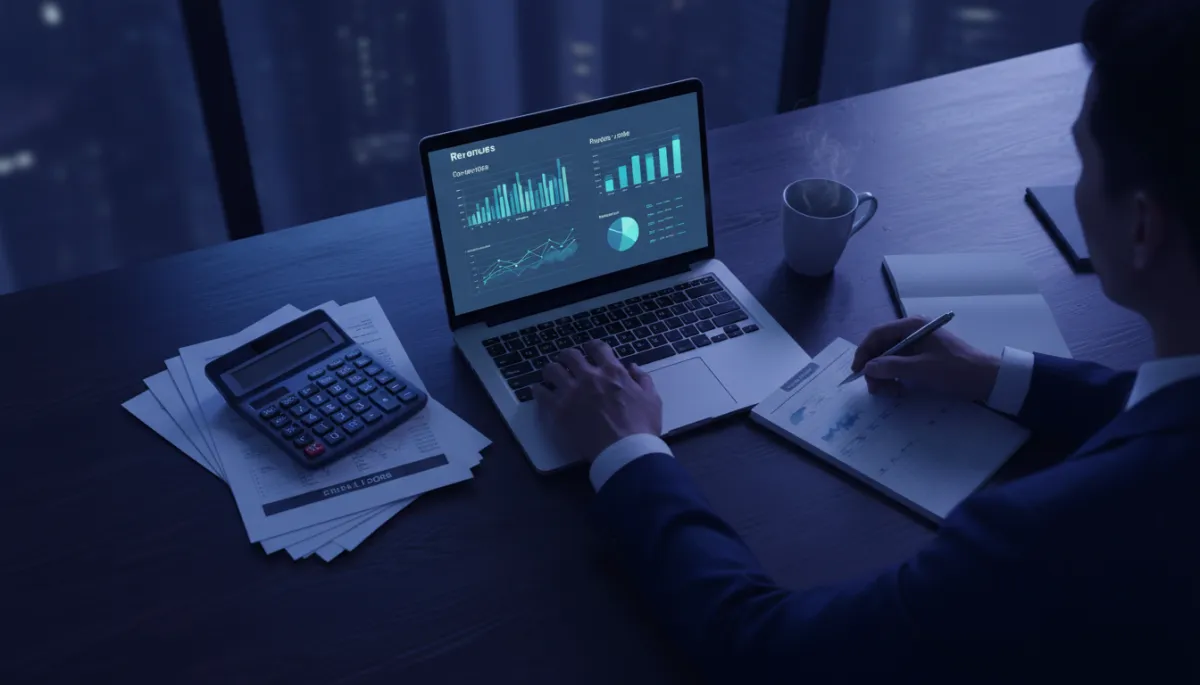 Business owner calculating missed call impact using call logs and revenue charts