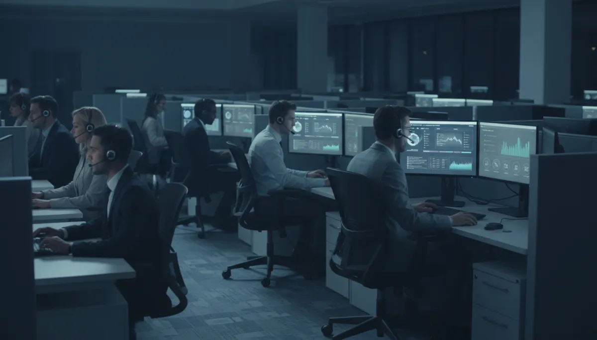 Call center agents handling customer calls under cool blue-gray lighting