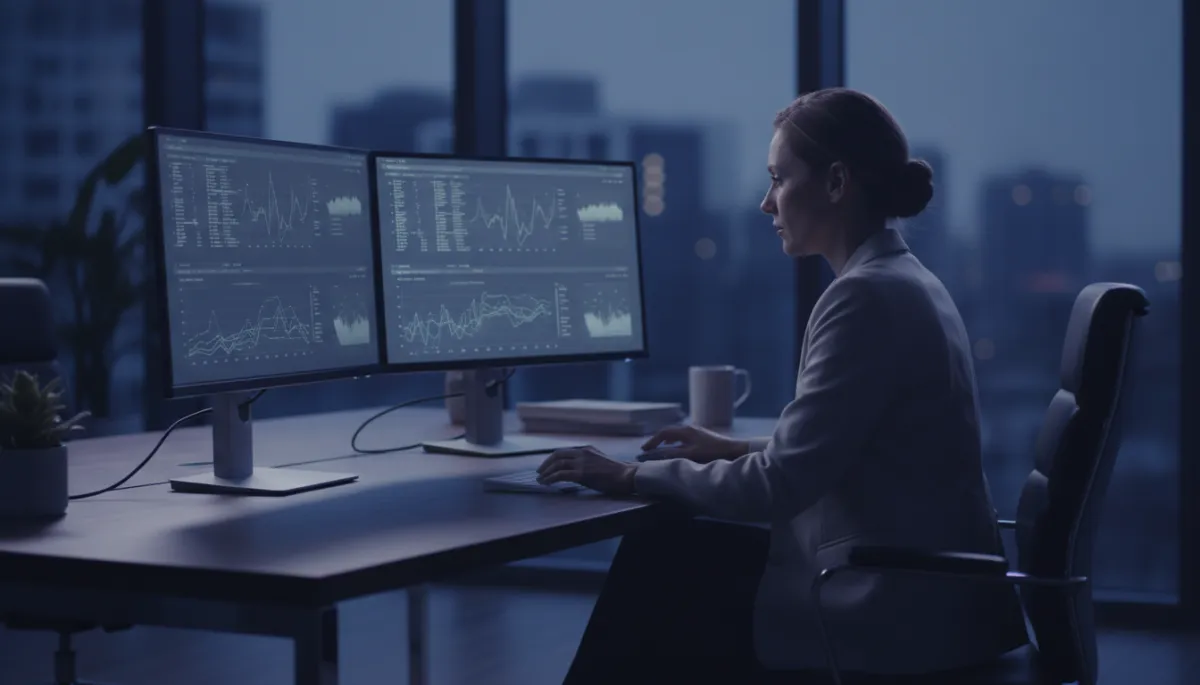 Business owner reviewing AI call transcripts and analytics on computer screens