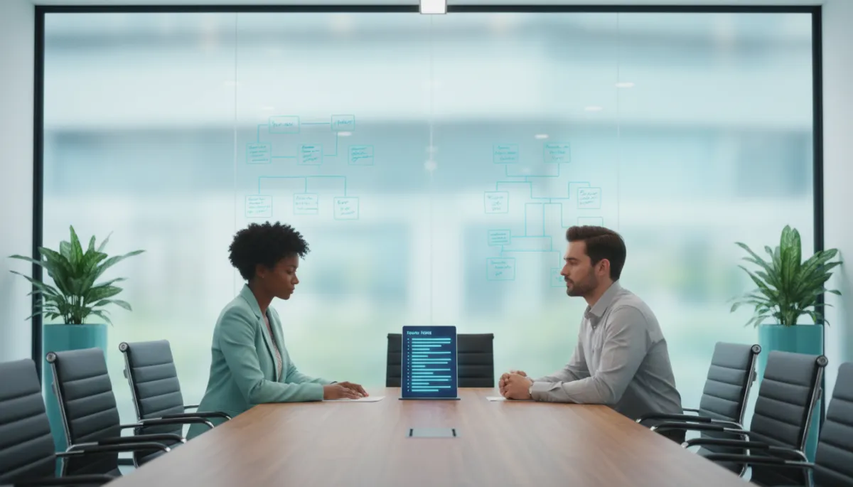 Manager and new hire reviewing onboarding questions in a conference room Manager and new hire reviewing onboarding questions in a conference room