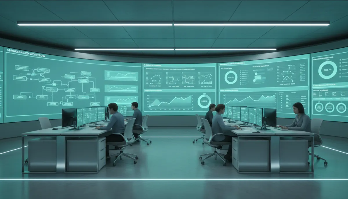 Control center office with dashboards showing standardized workflows and onboarding metrics Control center office with dashboards showing standardized workflows and onboarding metrics