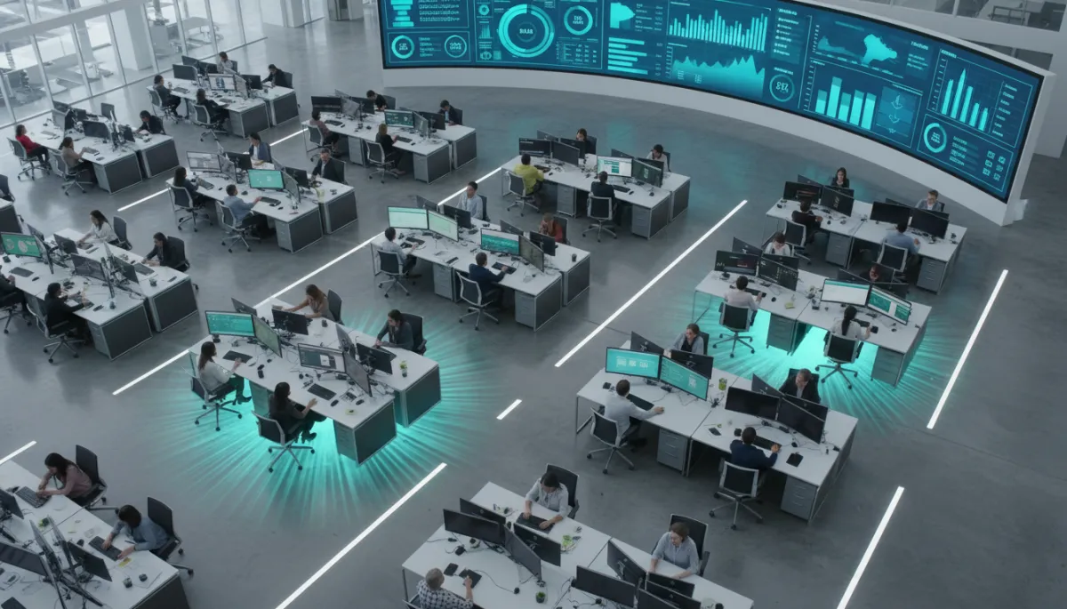 Operations floor showing highlighted bottlenecks and performance metrics in aqua tones Operations floor showing highlighted bottlenecks and performance metrics in aqua tones