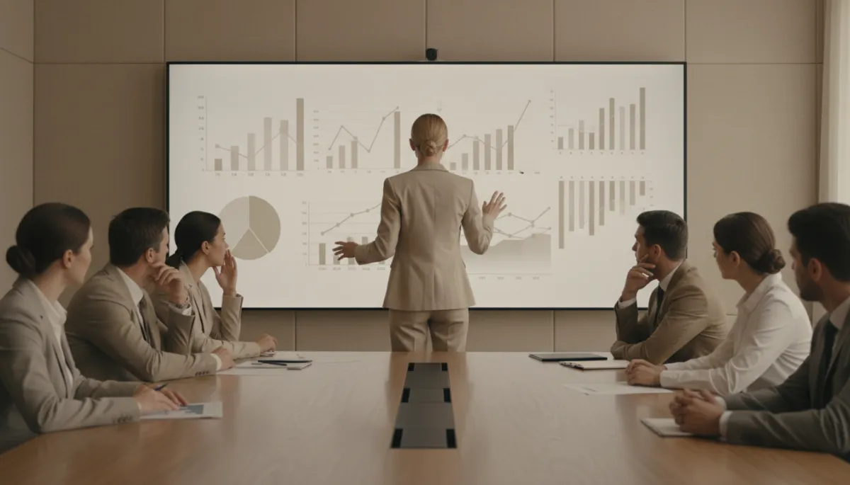 Executive team reviewing distorted performance metrics on a dashboard Executive team reviewing distorted performance metrics on a dashboard