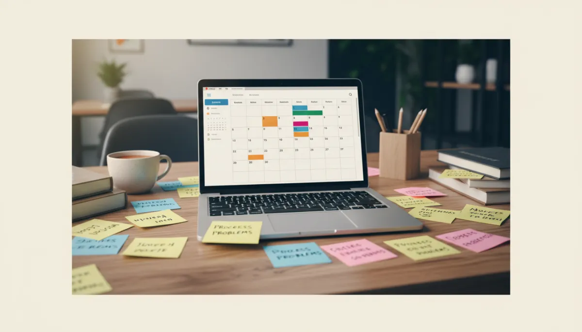 Desk with handwritten notes of operational issues and open calendar app Desk with handwritten notes of operational issues and open calendar app