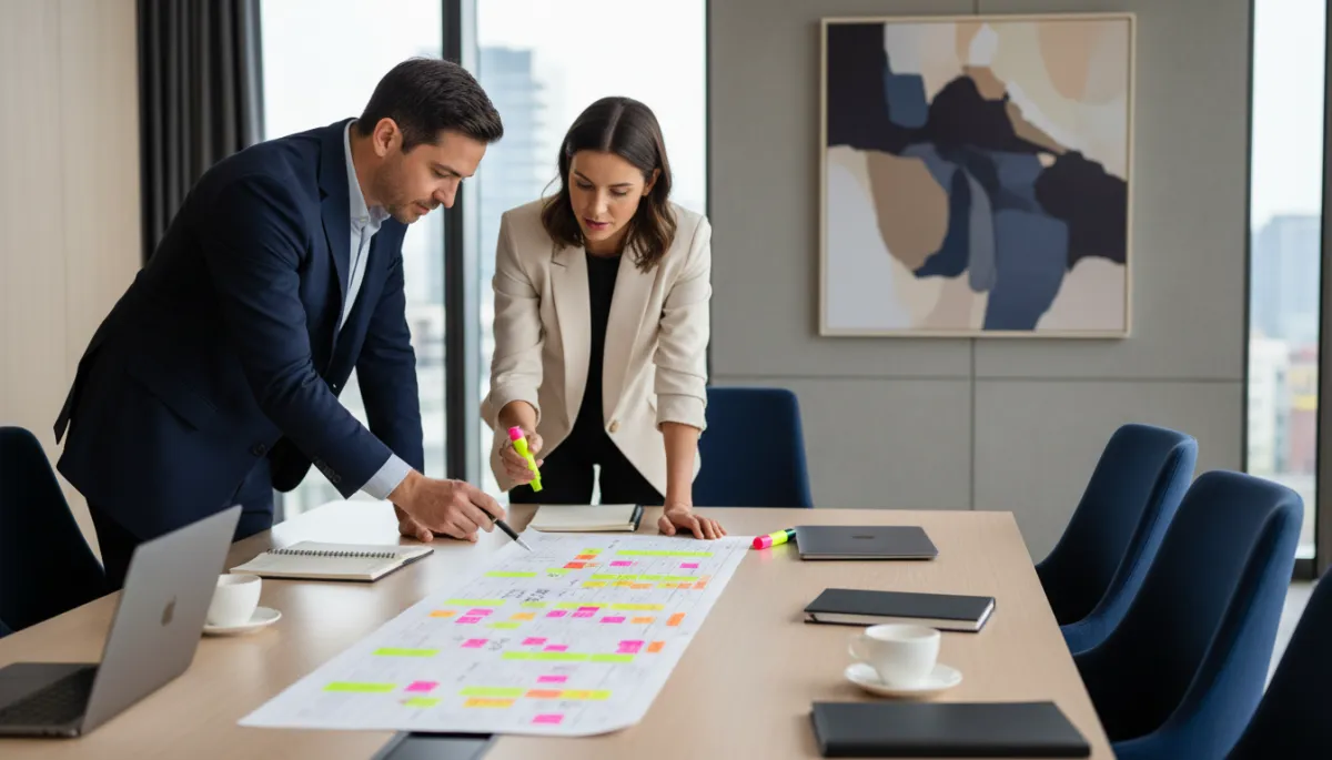 Manager and consultant reviewing a process improvement list sorted by frequency Manager and consultant reviewing a process improvement list sorted by frequency