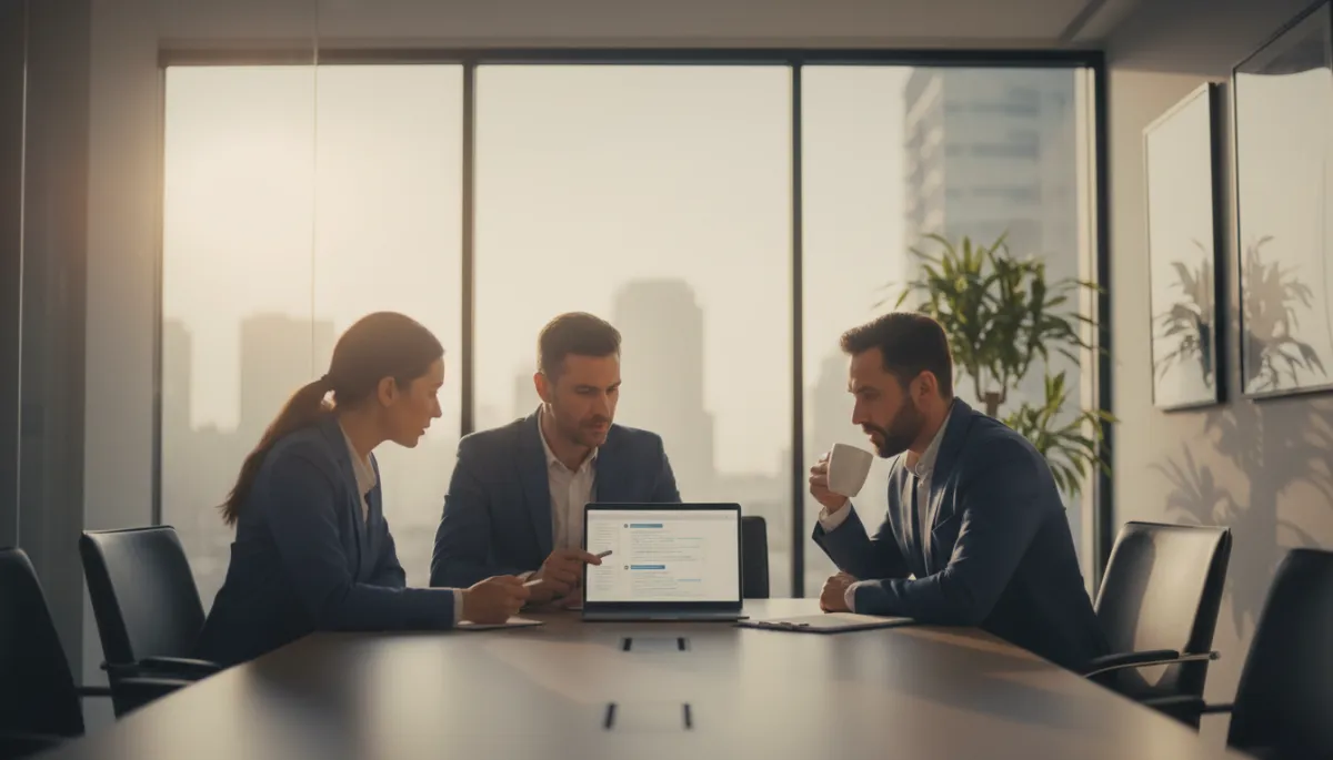 Managers reviewing AI chat transcripts during a short monthly meeting Managers reviewing AI chat transcripts during a short monthly meeting