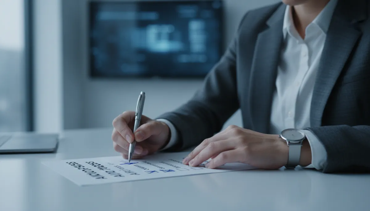 Manager evaluating potential AI pilot projects using a printed checklist