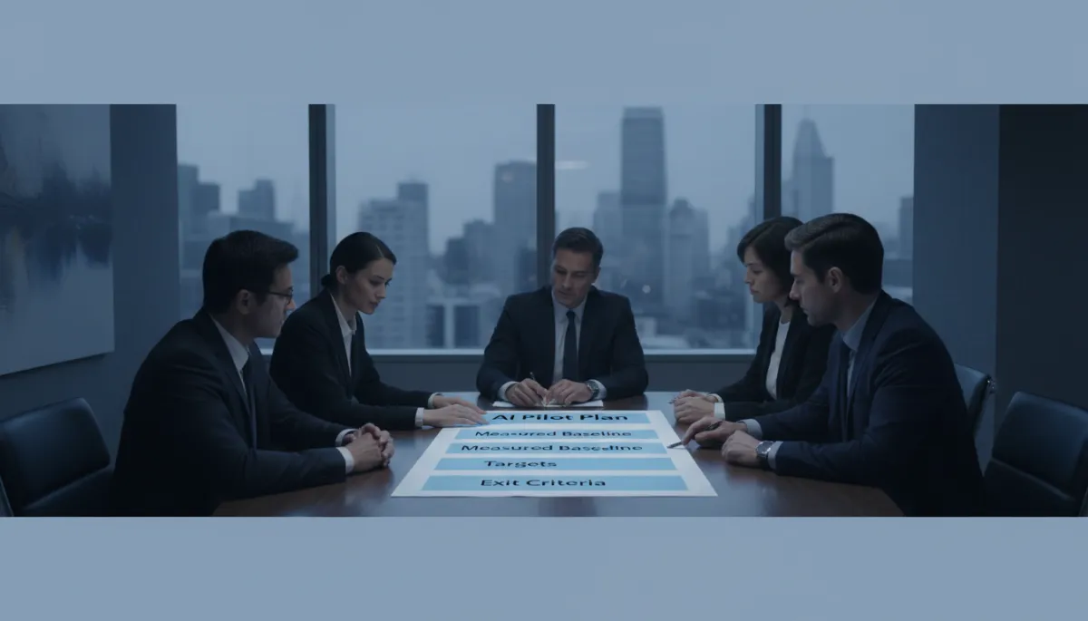 Executives reviewing an AI pilot plan with clear exit criteria