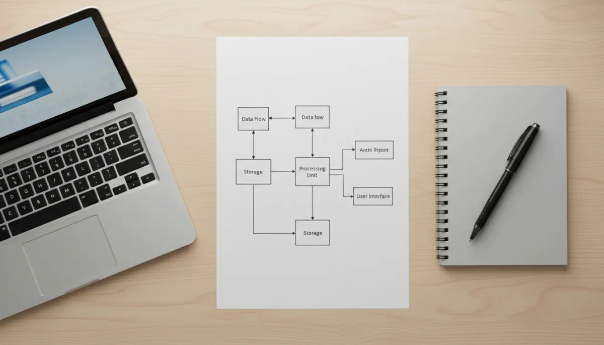 One-page overview diagram of a complex business system on a desk