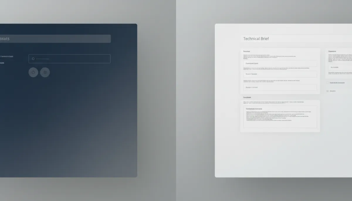 photographic realistic split-screen of a simple one-line contact request on one side and a complex technical project brief on the other, both funneled into the same generic web form, timeless tone colors of deep blue, gray, and soft white photographic realistic split-screen of a simple one-line contact request on one side and a complex technical project brief on the other, both funneled into the same generic web form, timeless tone colors of deep blue, gray, and soft white