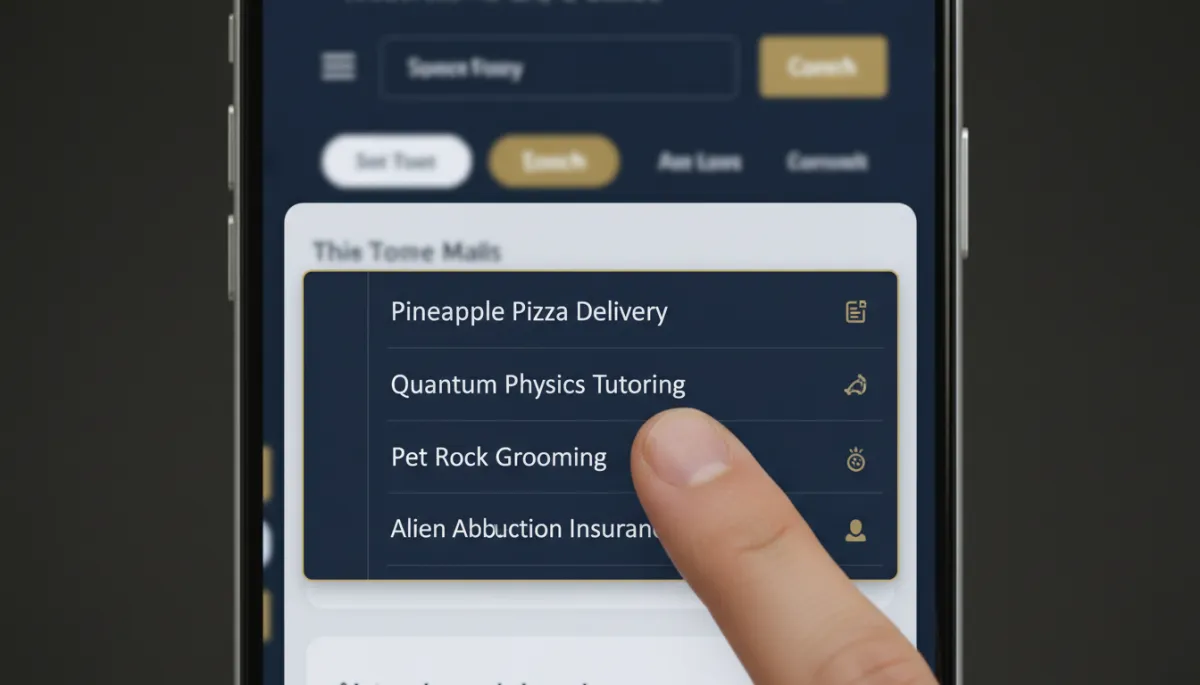 photographic realistic close-up of a smartphone screen showing a service website dropdown menu with mismatched options and a frustrated thumb hovering, timeless tone colors with deep navy, white, and muted gold accents photographic realistic close-up of a smartphone screen showing a service website dropdown menu with mismatched options and a frustrated thumb hovering, timeless tone colors with deep navy, white, and muted gold accents