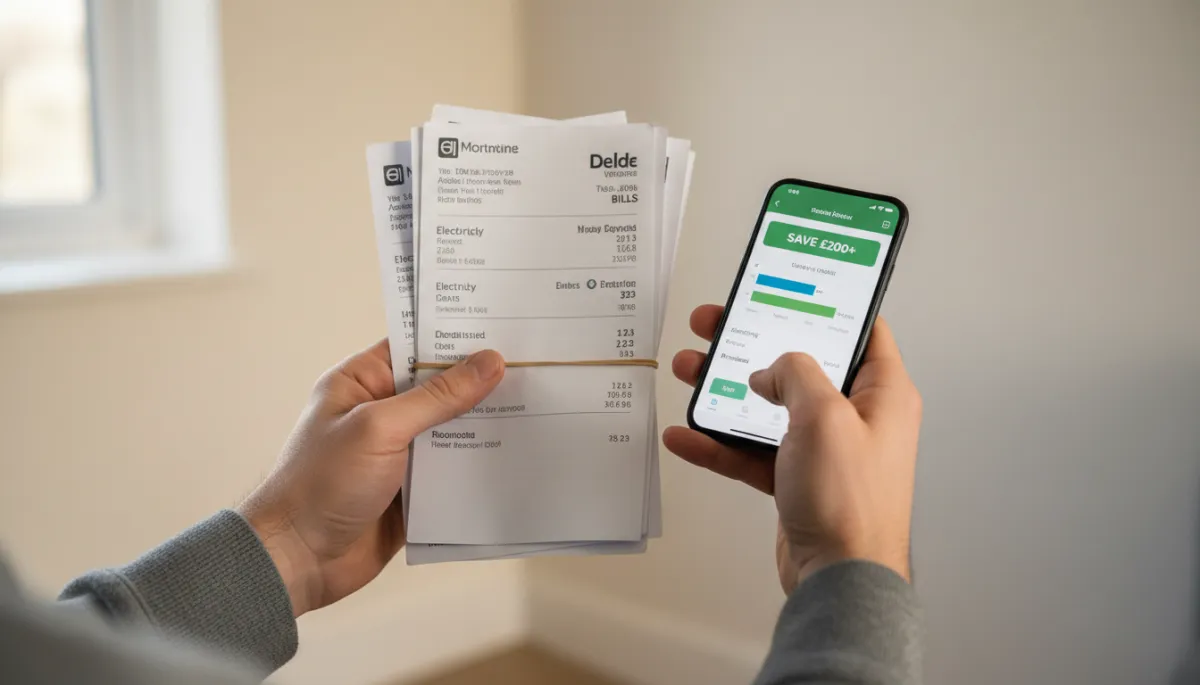 Person holding household bills and checking savings on a smartphone comparison app