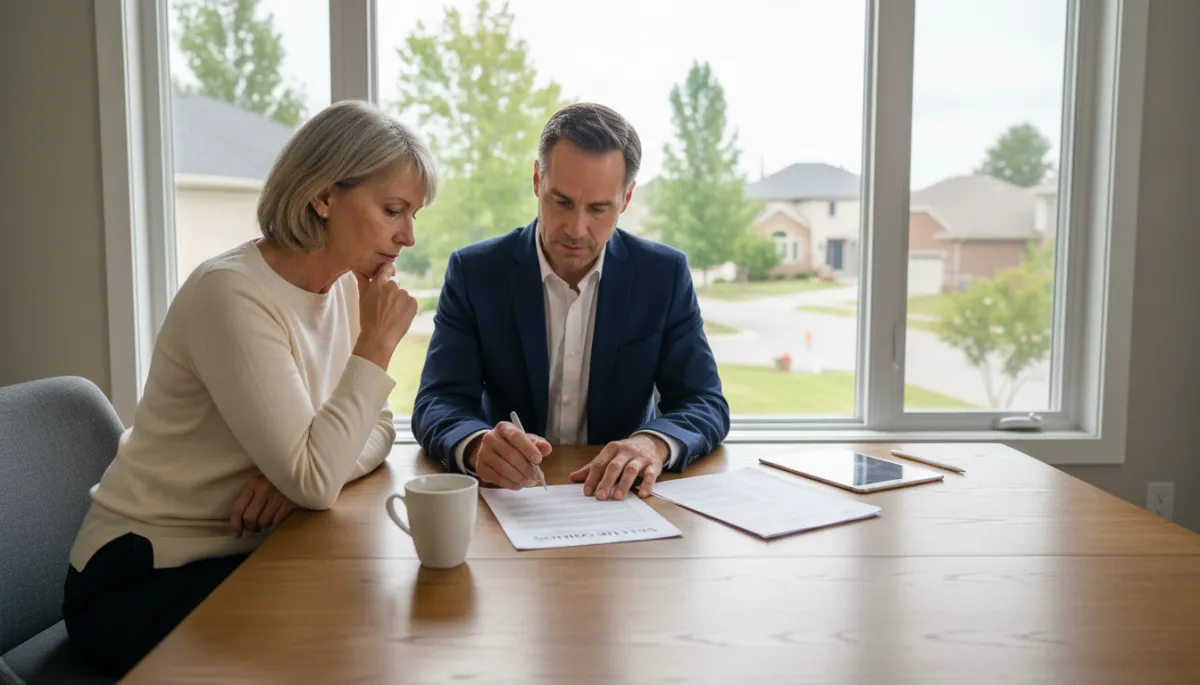 Real estate professional and seller reviewing different property selling options together Real estate professional and seller reviewing different property selling options together