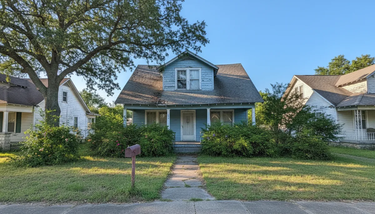 Photorealistic image of an older single-family home in a typical mid-market neighborhood on a clear day. The house has a worn exterior with faded paint and a slightly aged roof, but the structure appears sound. Overgrown yet manageable shrubs line the front yard, hinting at neglect but also potential. The scene feels inviting and realistic, without any text overlays or title areas, focusing entirely on the property’s untapped value and subtle charm. The composition should evoke a sense of opportunity, aligning with real estate investment and homeownership themes, while maintaining a professional and trustworthy tone suitable for an informative blog.