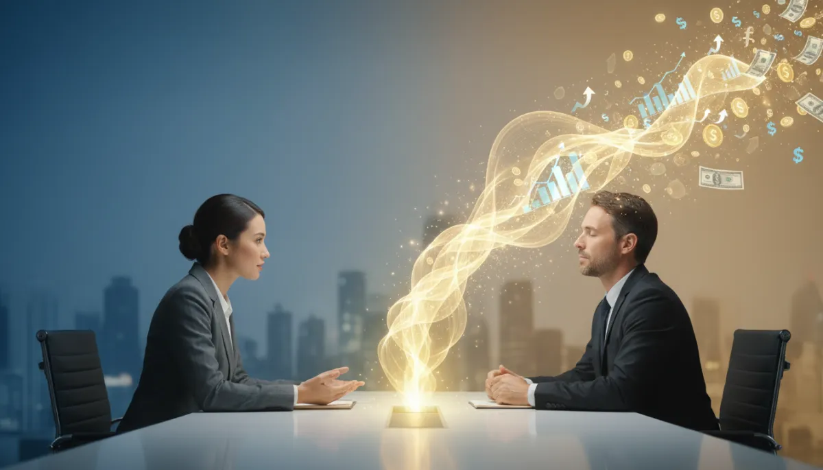 incluye elementos visuales para completar el articulo. Context: This is for a blog post about "El impacto financiero de la Presencia: Por qué la Escucha Consciente disuelve problemas (y ahorra miles de dólares)". Style: Professional quality, photorealistic, high resolution