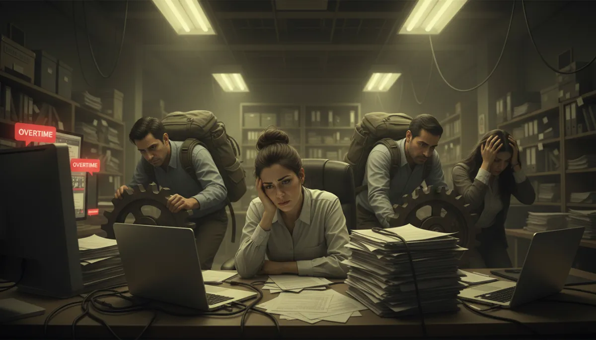 incluye imagenes hiperrealistas que ilustren el articulo, leelo profundizalo y saca conceptos creativos para generar las imagenes, quiero que sean claras, que muestren bien los casos de lo que habla el articulo, además si salen personas quiero que sean latinas mexicanas. Context: This is for a blog post about "La Mentira del Esfuerzo: Por qué la pesadez es el síntoma de un liderazgo obsoleto". Style: Professional quality, photorealistic, high resolution