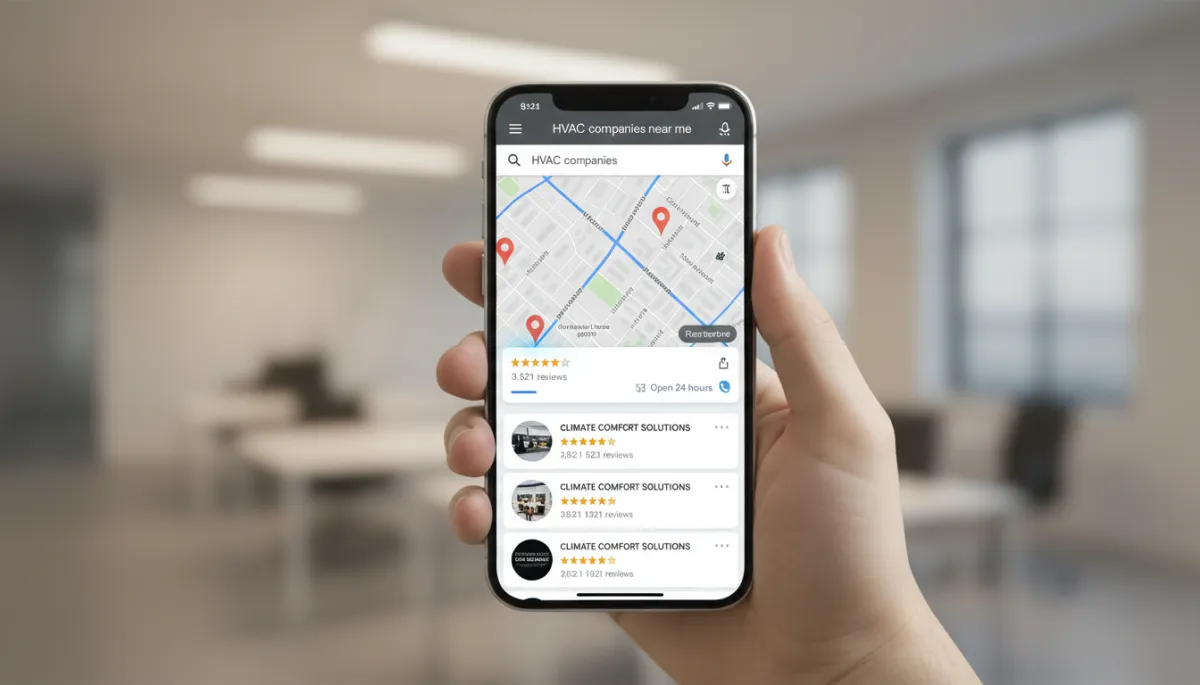 Smartphone displaying local Google search results for HVAC companies with strong reviews