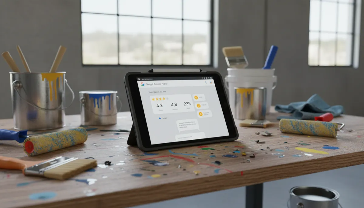 Tablet displaying a painting contractor’s Google Business Profile with growing reviews and automated responses