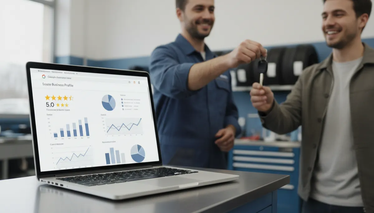 photorealistic neutral-tone close-up of a laptop on a service counter showing a Google Business Profile page with 5-star reviews and charts, mechanic handing keys to a smiling customer in background