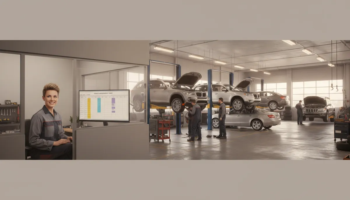 photorealistic neutral-tone wide shot of a busy auto repair shop with all bays full, mechanics working on cars, service advisor smiling at a computer screen showing a full schedule