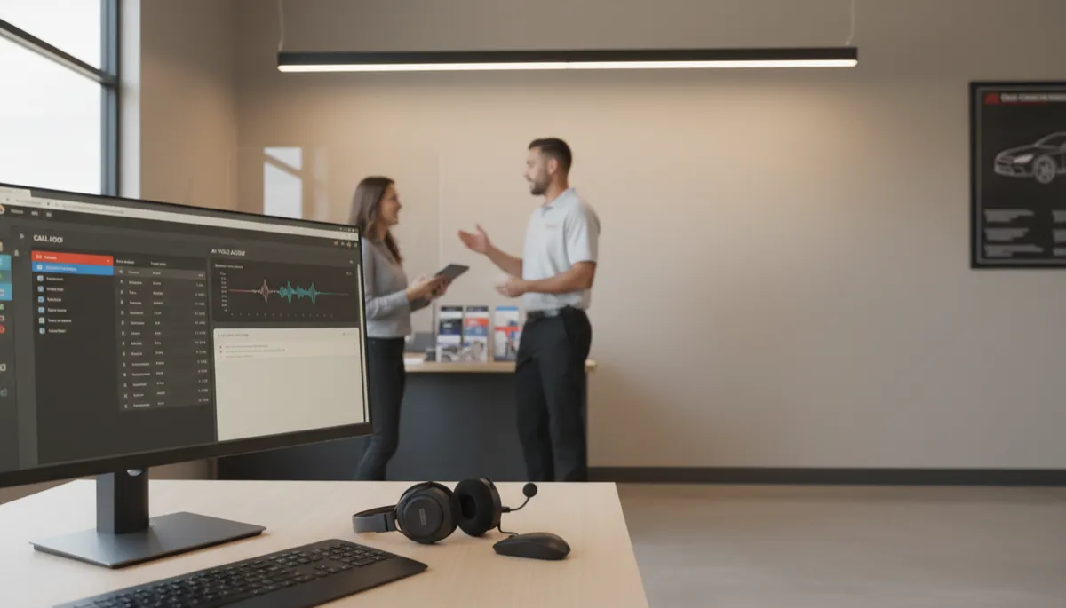 photorealistic neutral-tone interior of an auto repair shop office with a headset, computer showing call logs and AI voice agent interface, service writer in background talking to a customer