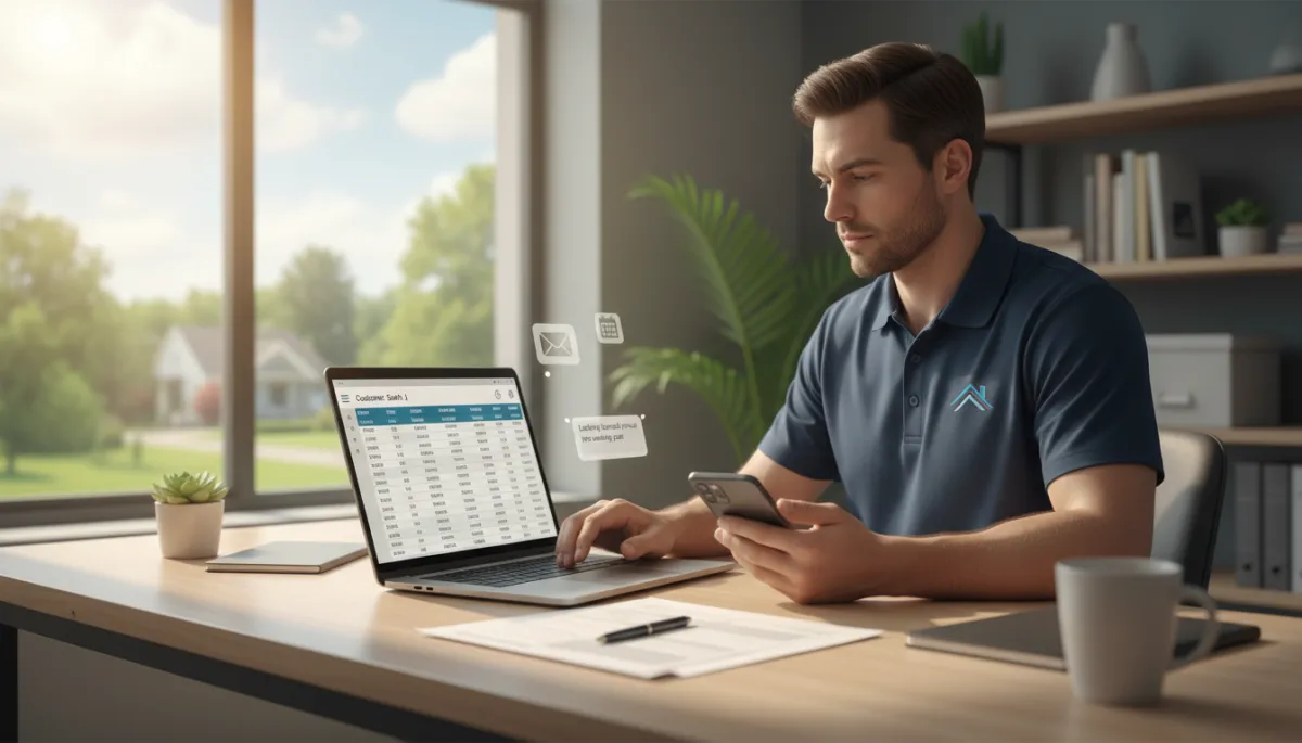 photorealistic professional scene of a roofing contractor in a clean polo shirt reviewing estimates on a laptop and smartphone at a tidy office desk, with notifications and customer messages visible on screens, soft natural light, calm professional mood