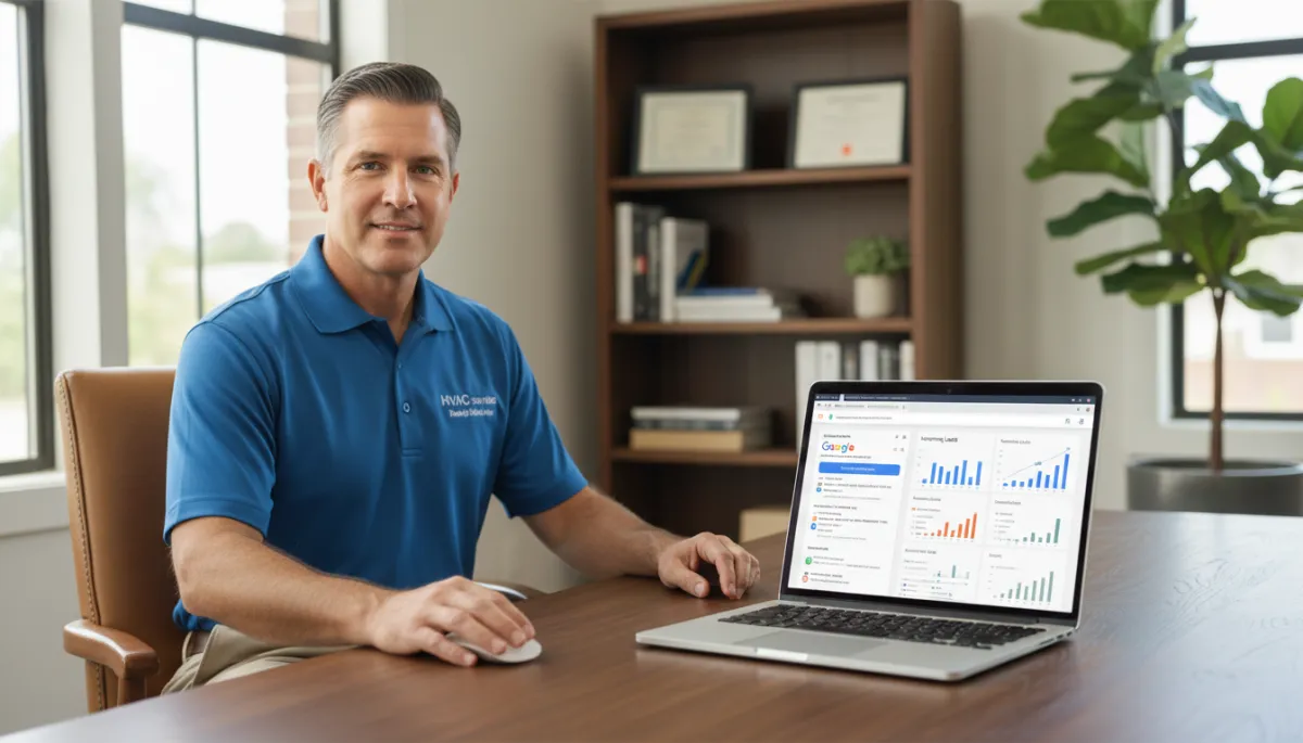 photorealistic neutral-toned scene of an HVAC business owner in a tidy office looking at a laptop showing Google search results and incoming leads dashboard, soft daylight, professional environment