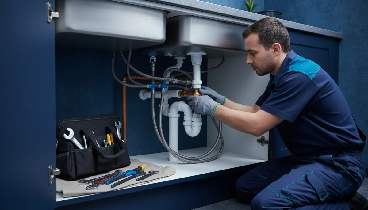 photorealistic wide shot of a professional plumber working on copper and PVC pipes under a modern kitchen sink in a well-lit home, wearing a clean navy uniform with teal accents, organized tool bag nearby, subtle dark navy and deep blue tones in the background cabinetry and walls, premium business blog look, no text or logos