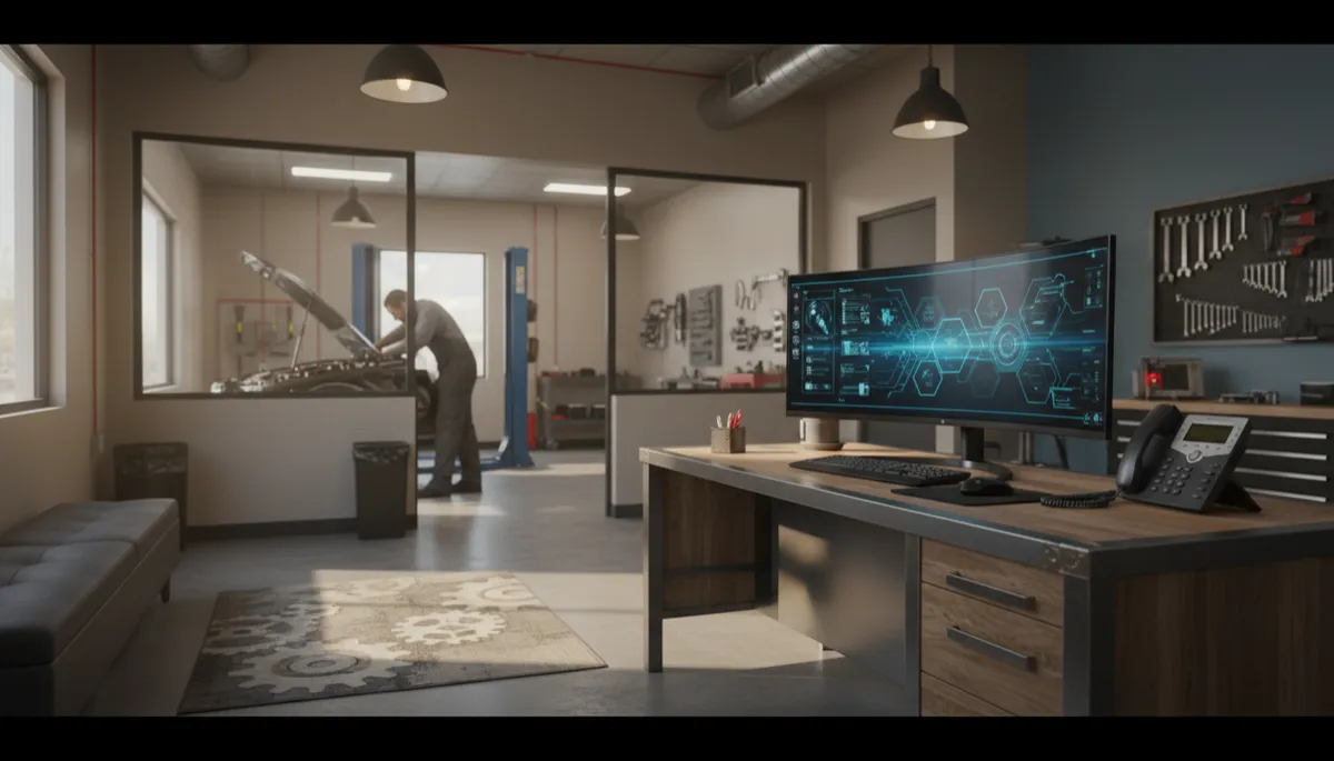photorealistic neutral-tone auto repair shop front office with service advisor desk, ringing phone, computer showing AI dashboard, mechanic working in background, soft natural lighting
