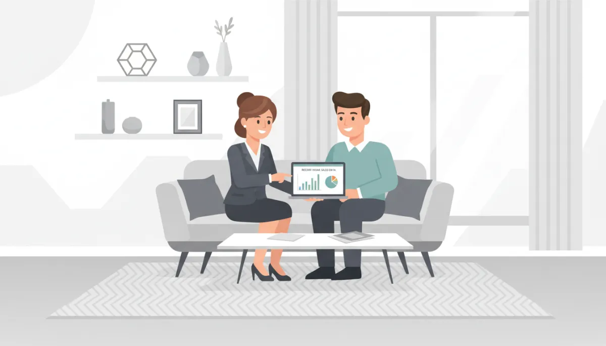 Agent and clients reviewing recent home sales and pricing data together Agent and clients reviewing recent home sales and pricing data together