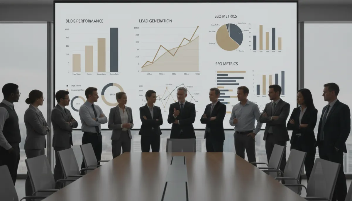 Executives reviewing blog-driven lead generation and ROI in a boardroom