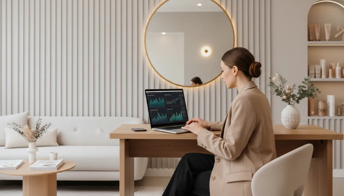 Salon owner checking increased bookings and traffic from blogging