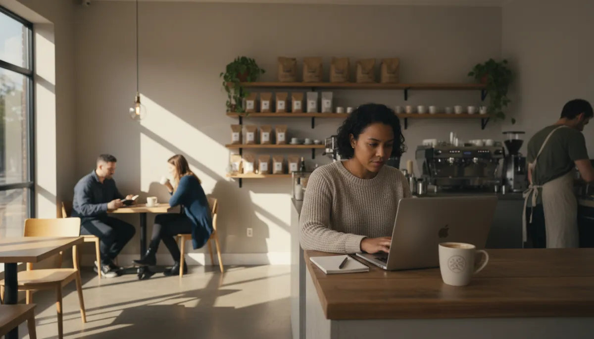 Coffee shop owner writing a blog post inside her café