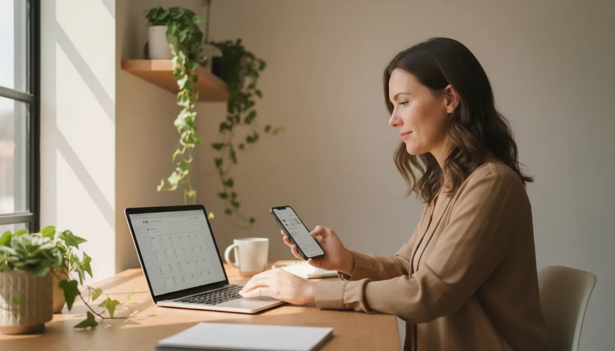 Small business owner managing online presence on phone and laptop