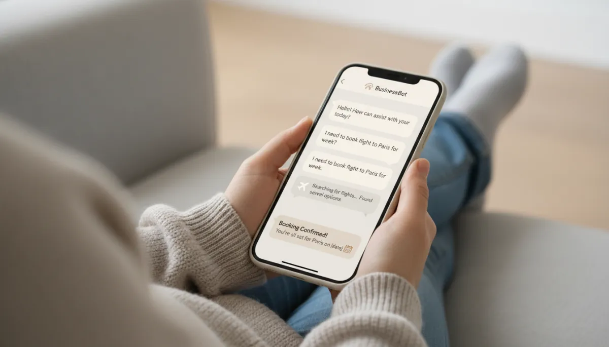 Customer chatting with AI assistant and booking an appointment on smartphone