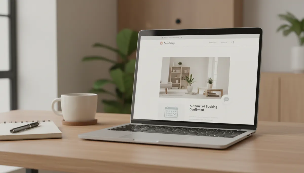 Real person using a laptop to browse a small business website with visible chat and booking options alongside clear service information