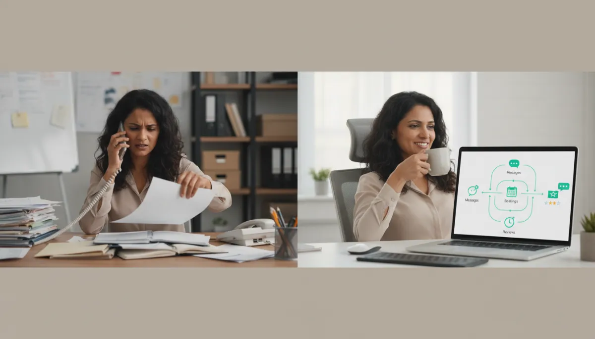 Real small business owner looking overwhelmed at a cluttered desk contrasted with another owner calmly reviewing an organized dashboard on a laptop