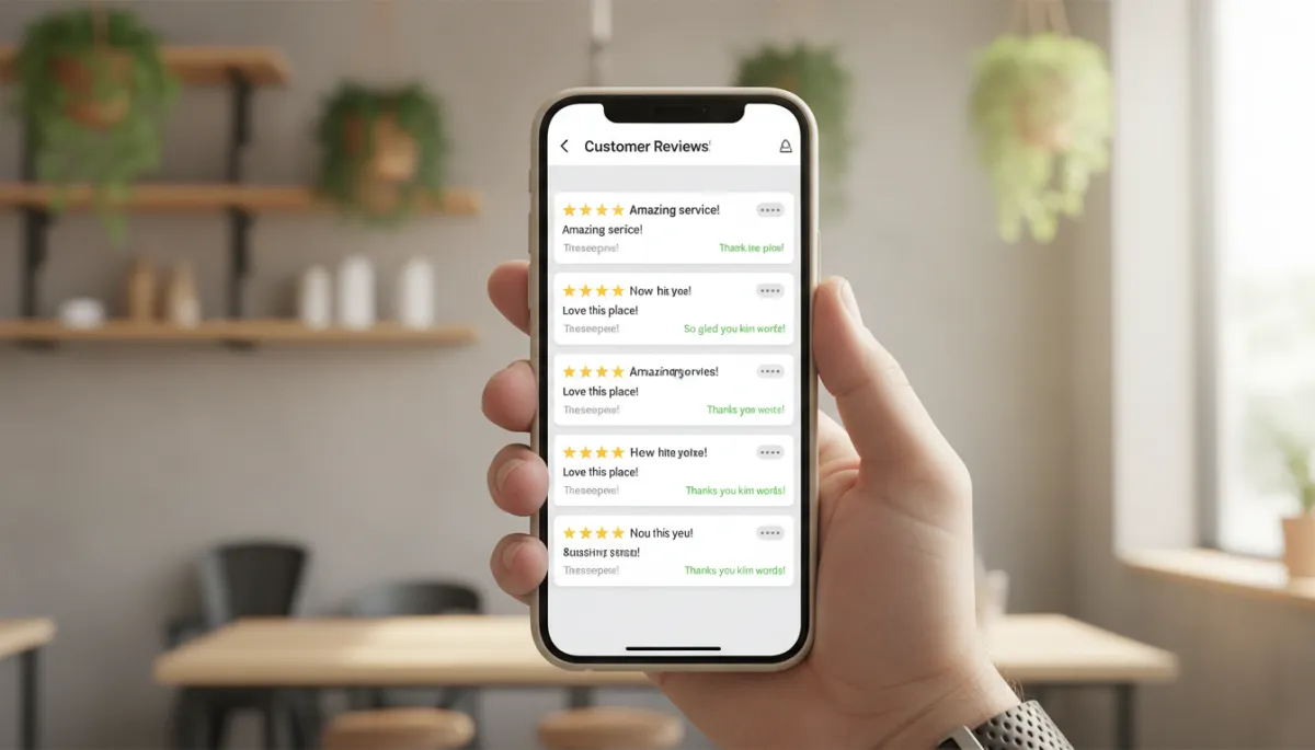 Real hand holding a smartphone showing new five-star reviews and prepared responses in a review management app