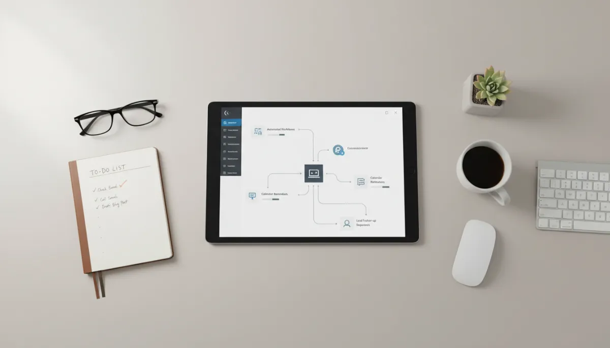 Real small business owner relaxing slightly while reviewing a tablet that shows automated workflows and a shrinking to-do list