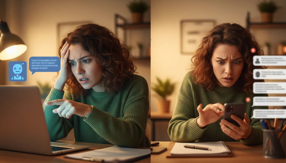 Split-screen photorealistic photo showing a real small business owner staring at a stiff, unhelpful website chatbot on a laptop on left, and on the right the same owner frustrated while answering repetitive customer messages on a phone, warm office lighting