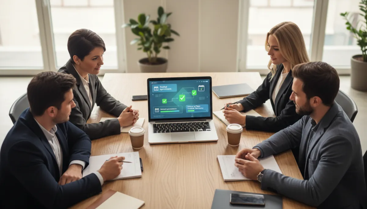 Photorealistic overhead shot of a real small business team at a table while a laptop screen shows automated messages, booked appointments, and follow-up tasks being completed automatically