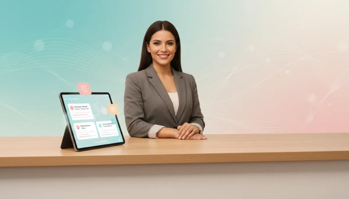 Photorealistic image of a real salon owner at a reception desk while a tablet beside them shows automated booking confirmations, review requests, and follow-up messages being sent