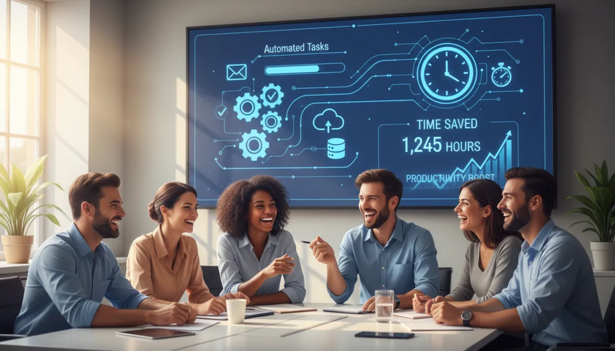 Photorealistic image of a real small business team smiling in a meeting while a large screen behind them shows automated tasks being completed and time saved metrics