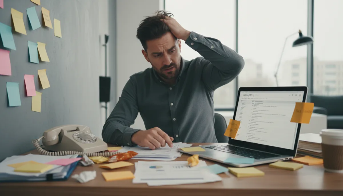 Overwhelmed small business owner surrounded by notes and notifications